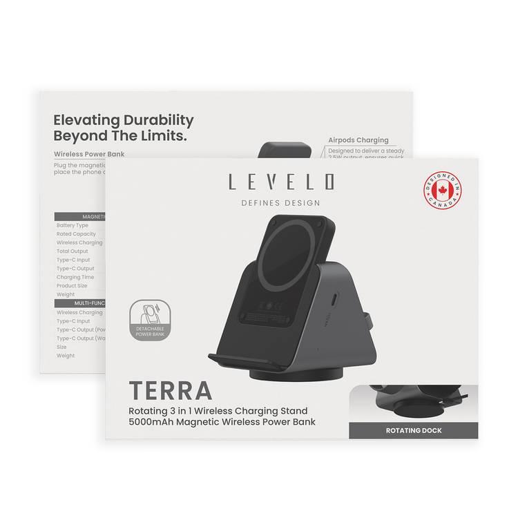 Levelo TERRA Rotating 3 in 1 Wireless Charging Stand with Detachable 5000mAh Power Bank, Heat Dissipation System, Strong Magnetic Force, Rotating Dock, 2 Hours Charging Time - Black