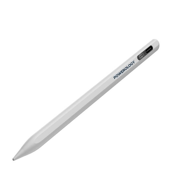 Powerology Real-time Dispaly Stylus Pen, Digital Display, One-Click Operation, Secure Magnetic Attachment, Palm Rejection For Effortless Use - White