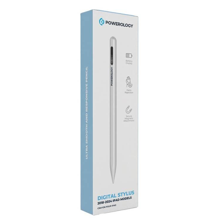 Powerology Real-time Dispaly Stylus Pen, Digital Display, One-Click Operation, Secure Magnetic Attachment, Palm Rejection For Effortless Use - White