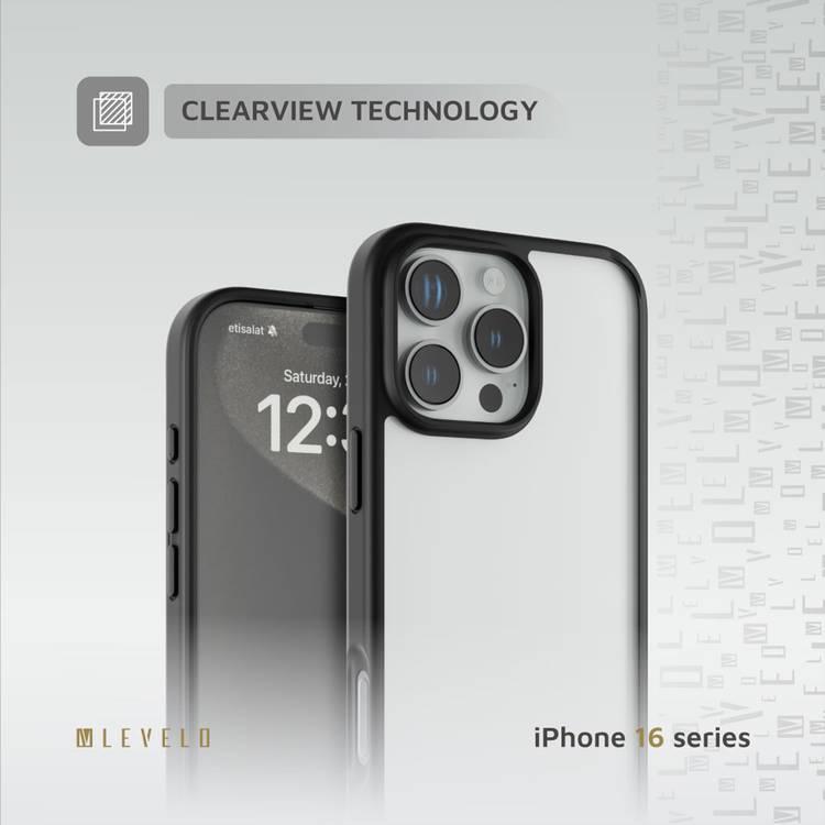 حافظة Levelo Solo لهاتف iPhone 16 Pro بتقنية Clearview، ومصد TPU غير لامع، وقبضة مريحة، وزوايا مقاومة للصدمات، ومقاومة للخدش 3H - أسود