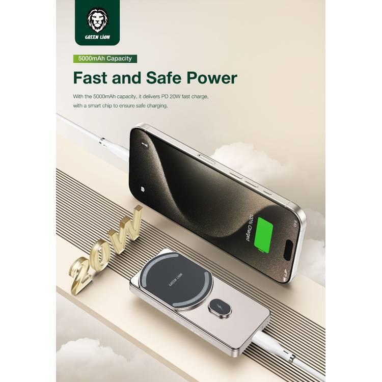 Green Lion 10000mAh Milton Powerbank, 15W Wireless Charging, Strong Magnetic, Pure cobalt Battery, Smart Chip - Titanium 