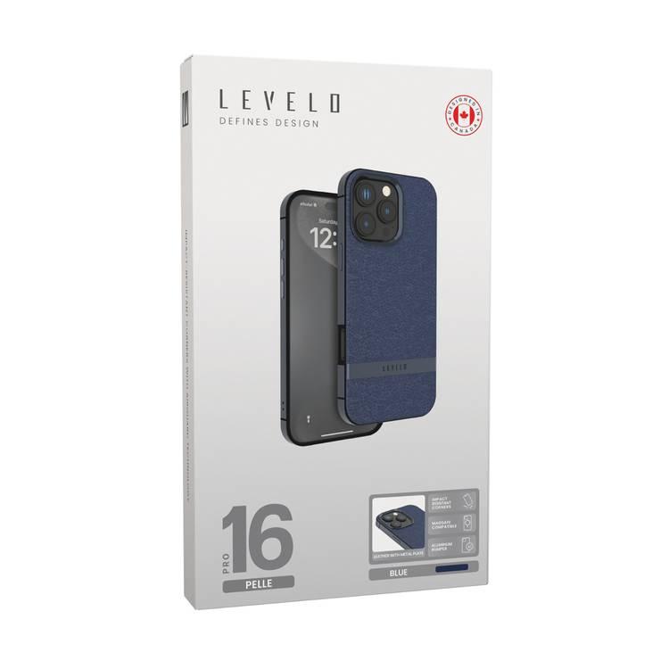 Levelo Pelle Leather Case for iPhone 16 Pro with Aluminum Bumper, Impact Resistant Corners, MagSafe compatibility, Lightweight & Slim Profile - Blue