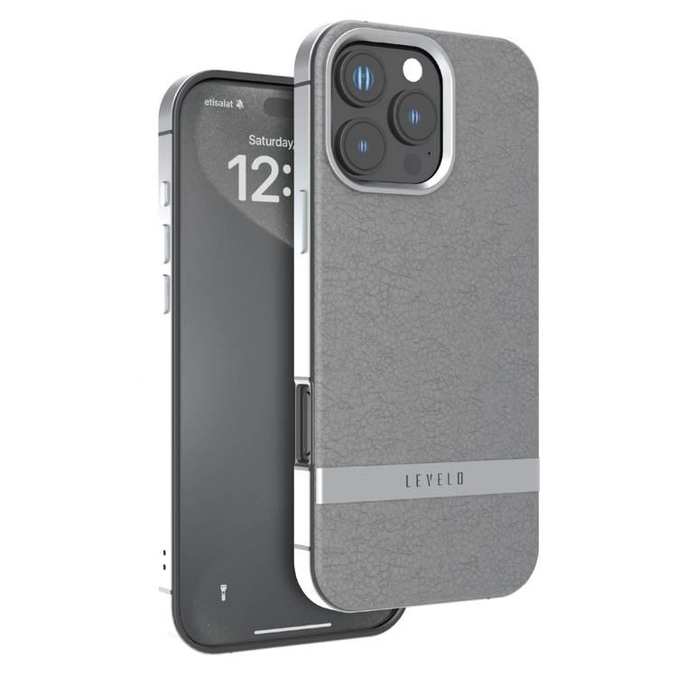 Levelo Pelle Leather Case for iPhone 16 Pro Max with Aluminum Bumper, Impact Resistant Corners, MagSafe compatibility, Lightweight & Slim Profile - Gray