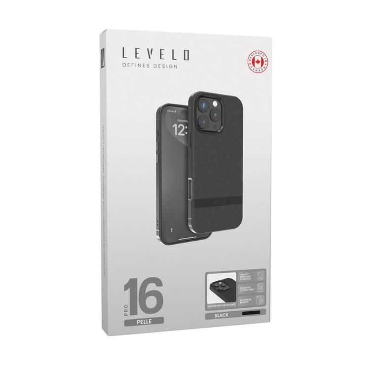 Levelo Pelle Leather Case for iPhone 16 Pro with Aluminum Bumper, Impact Resistant Corners, MagSafe compatibility, Lightweight & Slim Profile - Black