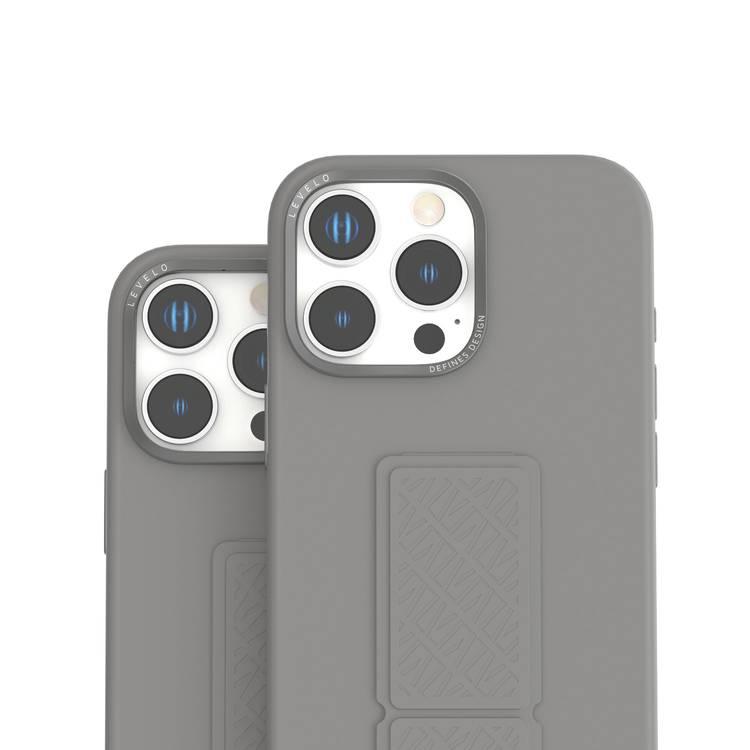 Levelo Morphix Silicone Case with Leather Grip for iPhone 16 Pro Max, Metal Camera Ring, Multi-Functional Kickstand, Impact-Resistant Corners, Super Durable Materials - Gray