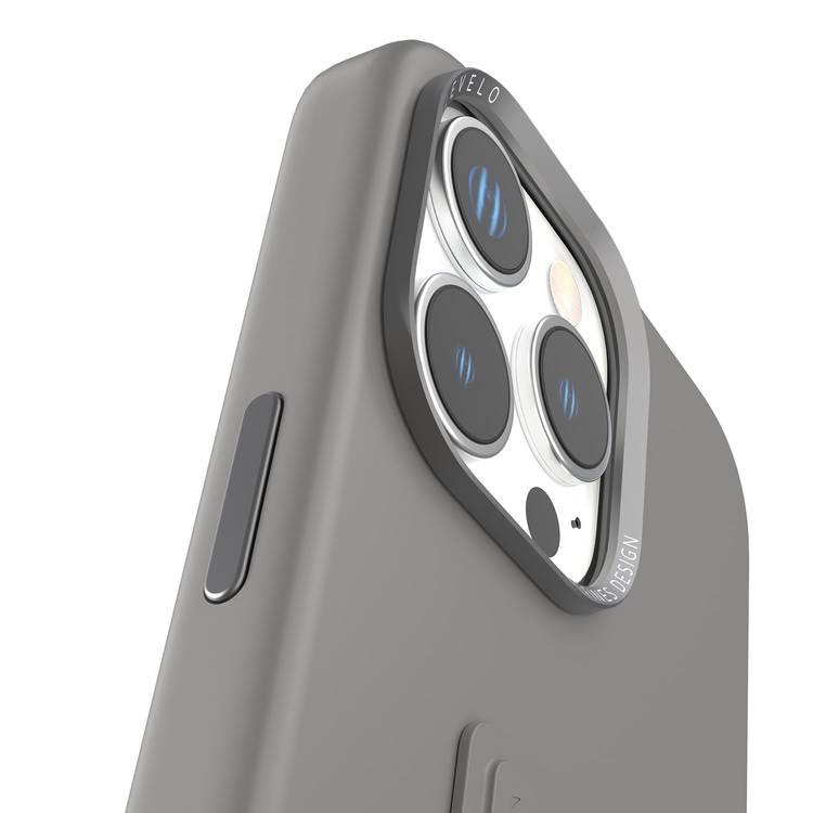 Levelo Morphix Silicone Case with Leather Grip for iPhone 16 Pro, Metal Camera Ring, Multi-Functional Kickstand, Impact-Resistant Corners, Super Durable Materials - Gray