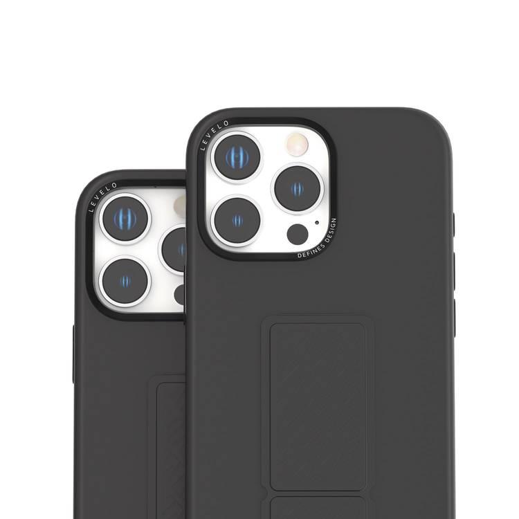 Levelo Morphix Silicone Case with Leather Grip for iPhone 16 Pro, Metal Camera Ring, Multi-Functional Kickstand, Impact-Resistant Corners, Super Durable Materials - Black