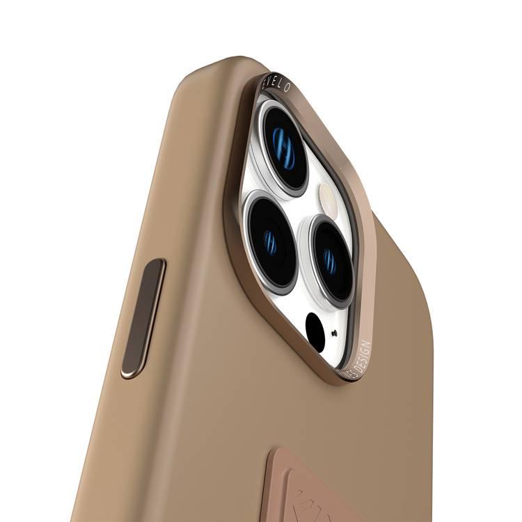 Levelo Morphix Silicone Case with Leather Grip for iPhone 16 Pro Max, Metal Camera Ring, Multi-Functional Kickstand, Impact-Resistant Corners, Super Durable Materials - Rose Gold Titanium