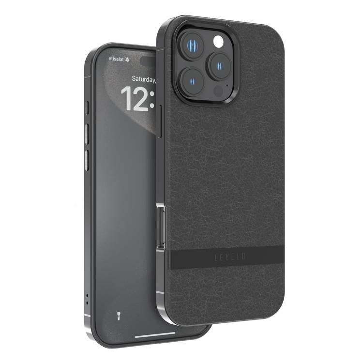 Levelo Pelle Leather Case for iPhone 16 Pro Max with Aluminum Bumper, Impact Resistant Corners, MagSafe compatibility, Lightweight & Slim Profile - Black