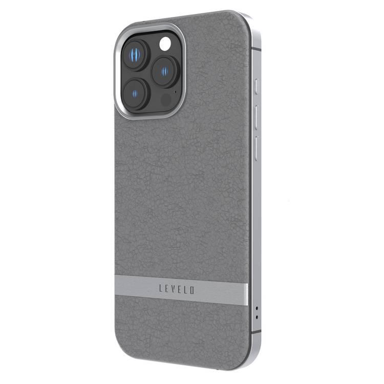 Levelo Pelle Leather Case for iPhone 16 Pro with Aluminum Bumper, Impact Resistant Corners, MagSafe compatibility, Lightweight & Slim Profile - Gray