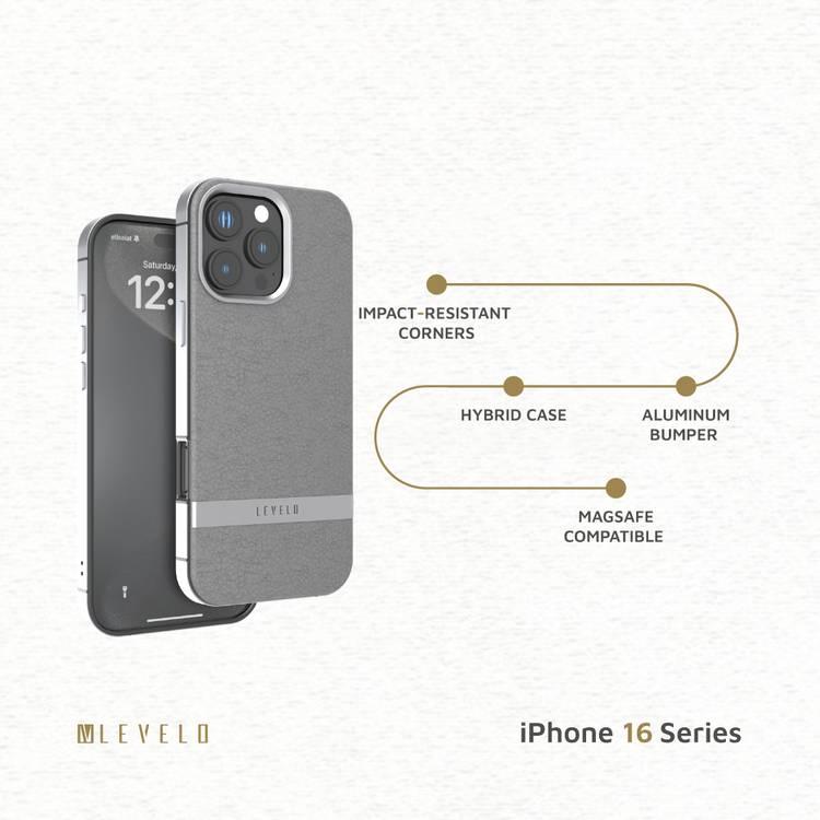 Levelo Pelle Leather Case for iPhone 16 Pro with Aluminum Bumper, Impact Resistant Corners, MagSafe compatibility, Lightweight & Slim Profile - Gray