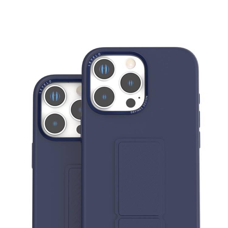 Levelo Morphix Silicone Case with Leather Grip for iPhone 16 Pro, Metal Camera Ring, Multi-Functional Kickstand, Impact-Resistant Corners, Super Durable Materials - Deep Blue