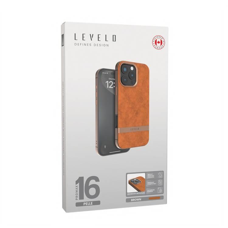 Levelo Pelle Leather Case for iPhone 16 Pro Max with Aluminum Bumper, Impact Resistant Corners, MagSafe compatibility, Lightweight & Slim Profile - Brown