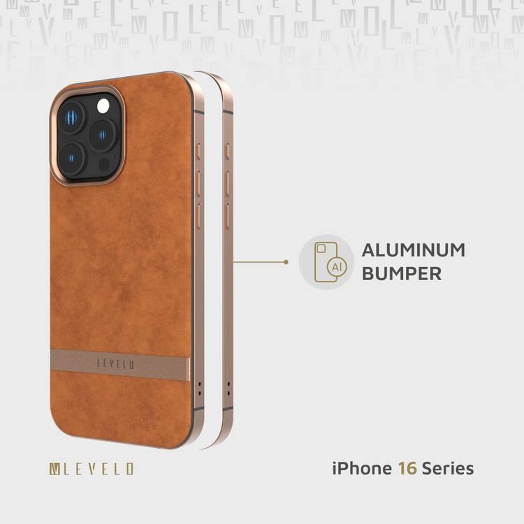 Levelo Pelle Leather Case for iPhone 16 Pro Max with Aluminum Bumper, Impact Resistant Corners, MagSafe compatibility, Lightweight & Slim Profile - Brown