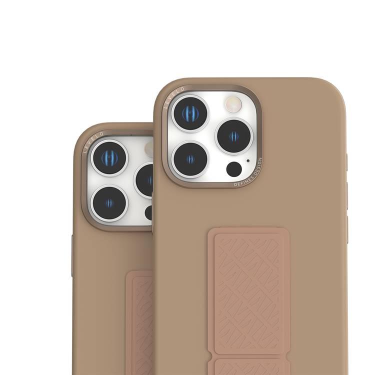 Levelo Morphix Silicone Case with Leather Grip for iPhone 16 Pro, Metal Camera Ring, Multi-Functional Kickstand, Impact-Resistant Corners, Super Durable Materials - Rose Gold Titanium