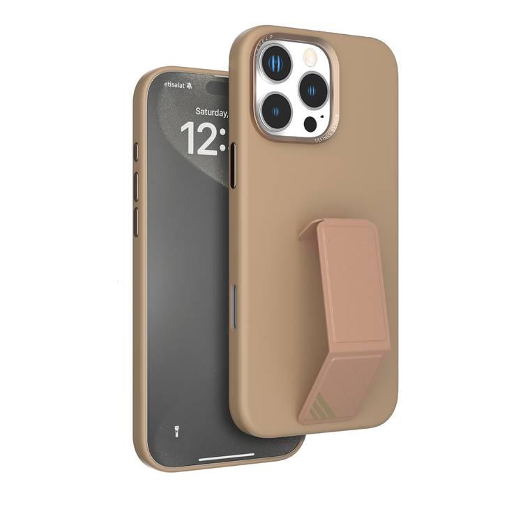 Levelo Morphix Silicone Case with Leather Grip for iPhone 16 Pro, Metal Camera Ring, Multi-Functional Kickstand, Impact-Resistant Corners, Super Durable Materials - Rose Gold Titanium