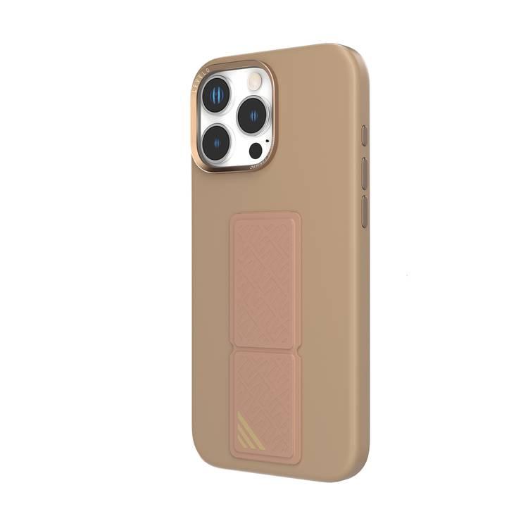 Levelo Morphix Silicone Case with Leather Grip for iPhone 16 Pro, Metal Camera Ring, Multi-Functional Kickstand, Impact-Resistant Corners, Super Durable Materials - Rose Gold Titanium