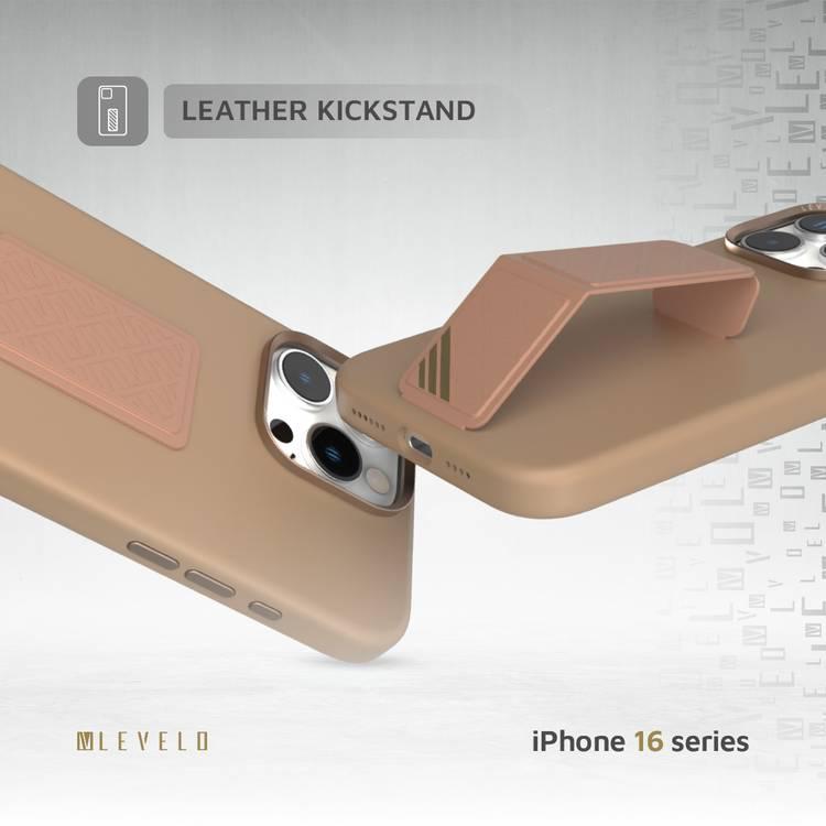 Levelo Morphix Silicone Case with Leather Grip for iPhone 16 Pro, Metal Camera Ring, Multi-Functional Kickstand, Impact-Resistant Corners, Super Durable Materials - Rose Gold Titanium