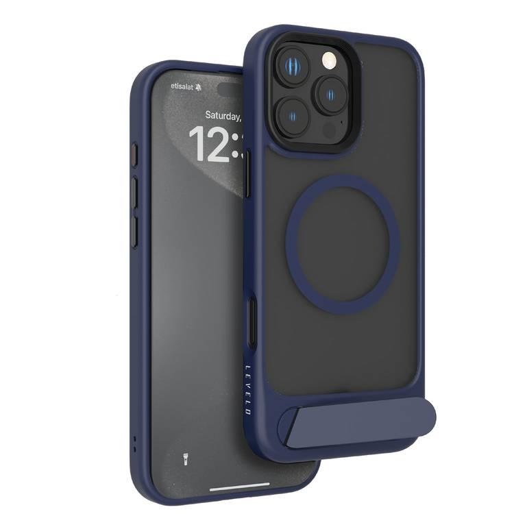 Levelo Matteo Case with Bottom Stand Grip for iPhone 16 Pro Max, Impact Resistant Corners, Anti-Fingerprint Coating, Comfortable Grip & Tidy Look, Smooth Texture, Durable Material - Blue