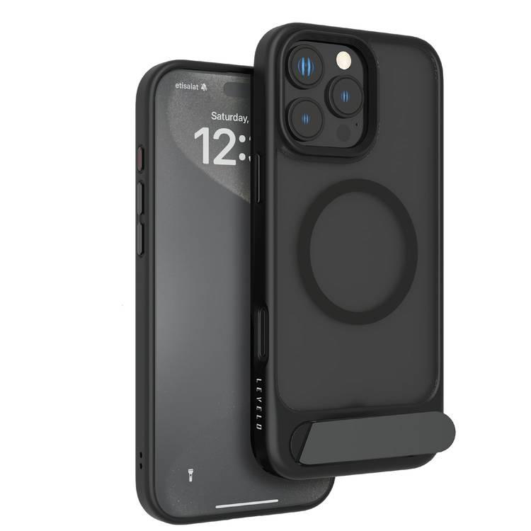 Levelo Matteo Case with Bottom Stand Grip for iPhone 16 Pro, Impact Resistant Corners, Anti-Fingerprint Coating, Comfortable Grip & Tidy Look, Smooth Texture, Durable Material - Black