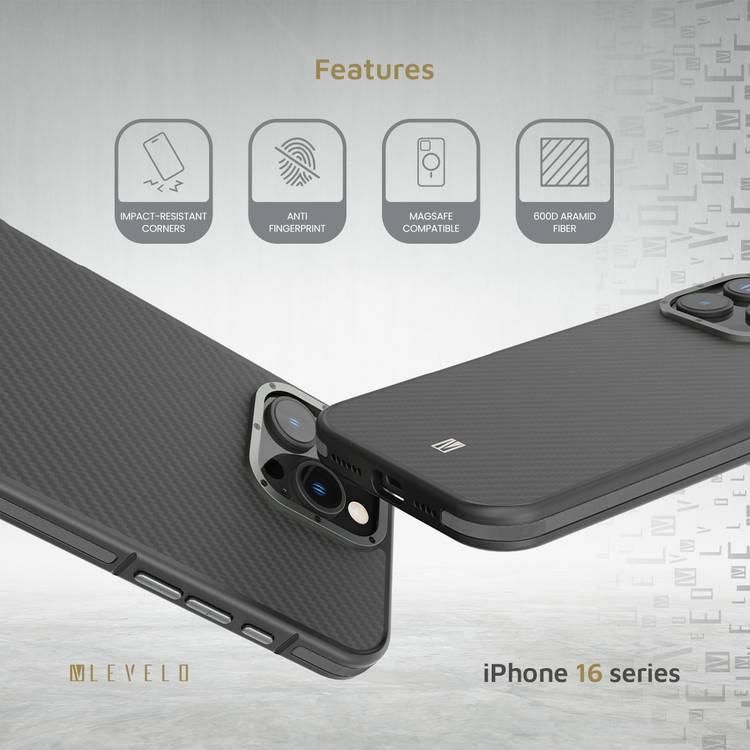 Levelo Ox Carbon Case for iPhone 16 Pro, MagSafe Compatible, Matte Coating, Anti-Finger Print - Gray 