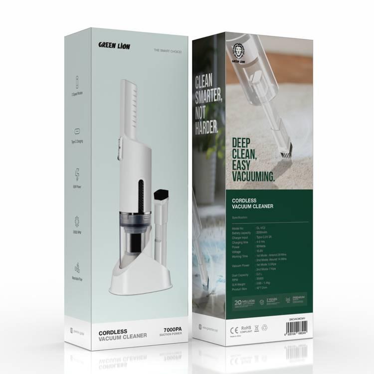 Green Lion Cordless Vacuum Cleaner with 2 Speed Modes, Washable Filter, 90W Power, 10.8V Voltage, 2000mAh Battery Capacity, 35000 RPM, 0.2L Dust Capacity - White