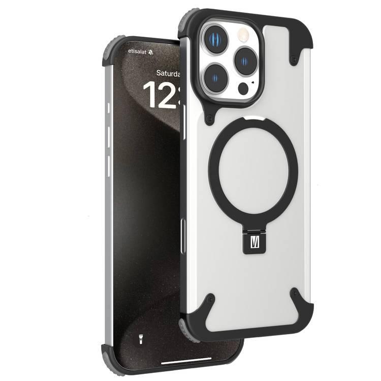 Levelo Metallo Aluminum Bumper Case for iPhone 16 Pro Max, MagSafe Compatible, Metal Kickstand, Impact Resistant Corners - Black 