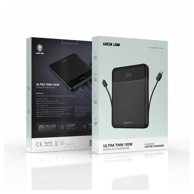 Green Lion Ultra-Thin 120W 20000mAh Power Bank, Lightning + Type-C Integrated Cable, Laptop Charging - Black