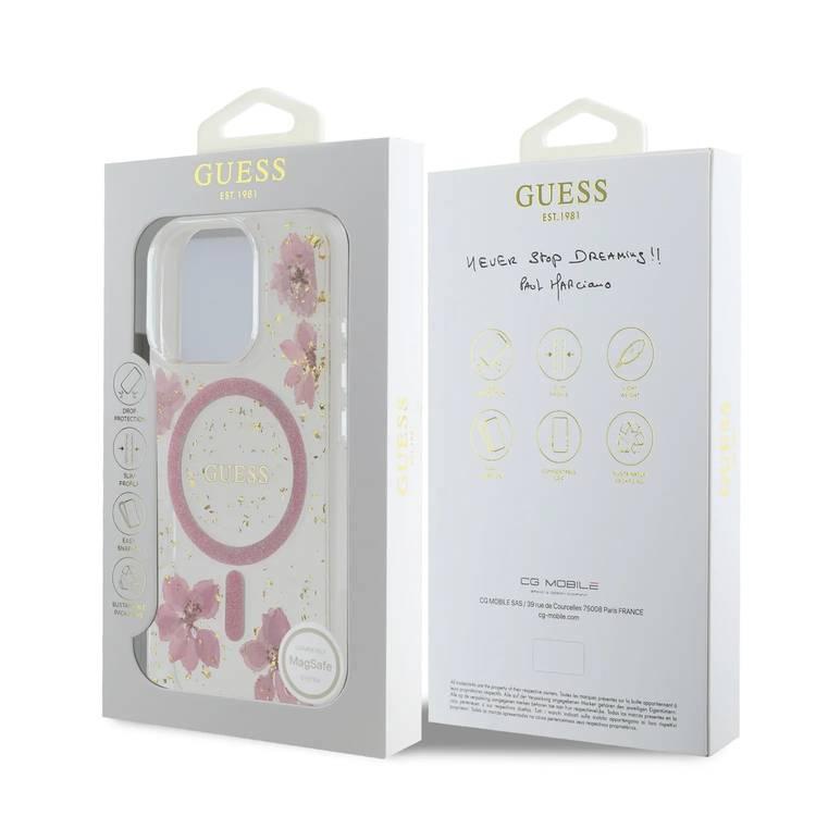 Guess MagSafe Hard Case with Resin Flowers Design For iPhone 16 Pro, Drop protection, Comfortable Grip - Pink