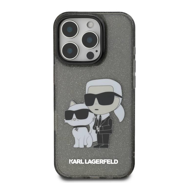 جراب Karl Lagerfeld IML اللامع الصلب مع شعار Karl &amp; Choupette NFT لهاتف iPhone 16 Pro، ممتص للصدمات والسقوط، فتحات دقيقة، قبضة مريحة، سهل التركيب - أسود