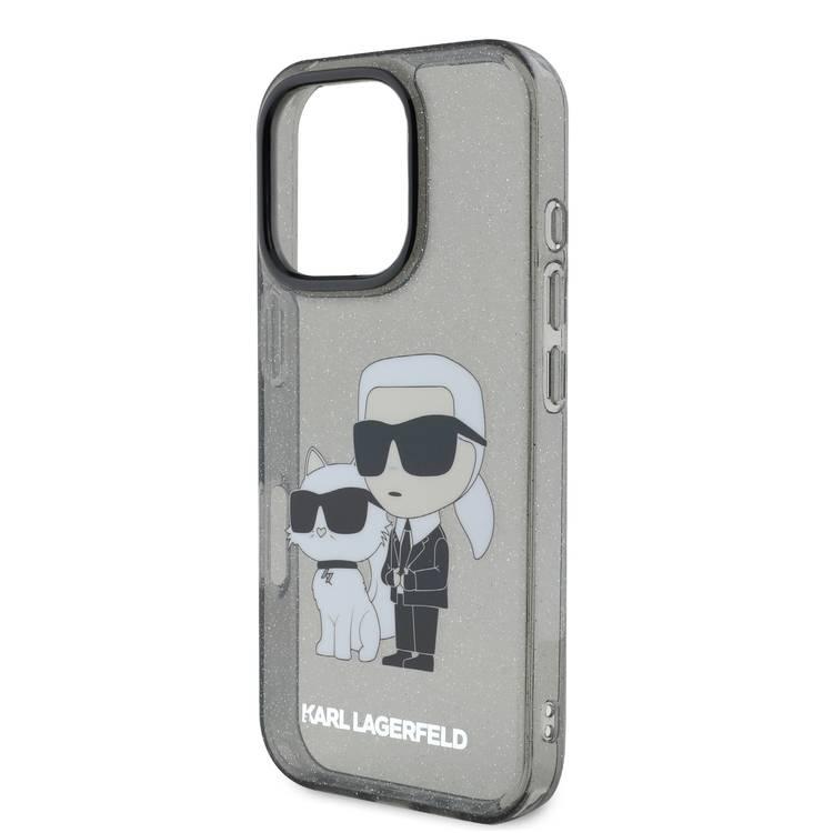 جراب Karl Lagerfeld IML اللامع الصلب مع شعار Karl &amp; Choupette NFT لهاتف iPhone 16 Pro، ممتص للصدمات والسقوط، فتحات دقيقة، قبضة مريحة، سهل التركيب - أسود