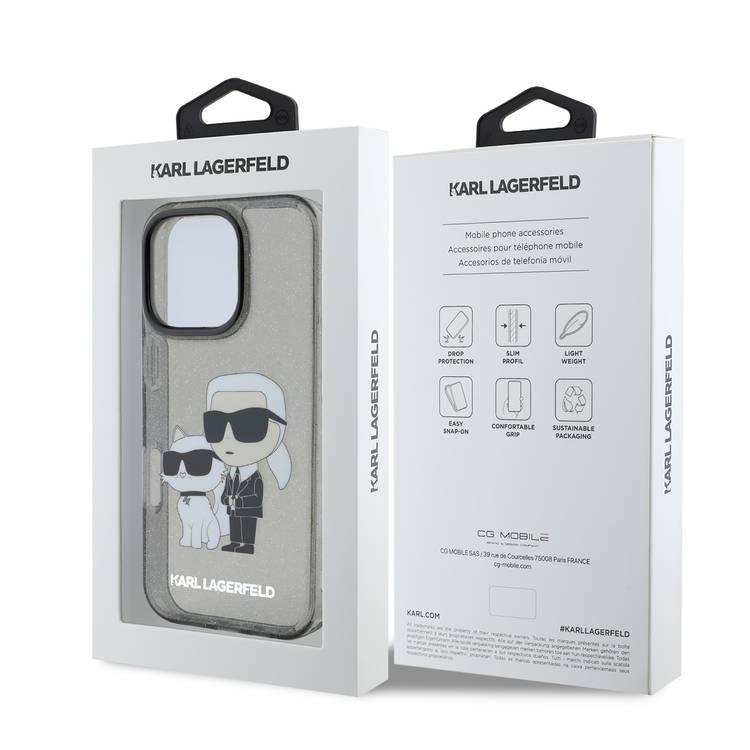 جراب Karl Lagerfeld IML اللامع الصلب مع شعار Karl &amp; Choupette NFT لهاتف iPhone 16 Pro، ممتص للصدمات والسقوط، فتحات دقيقة، قبضة مريحة، سهل التركيب - أسود