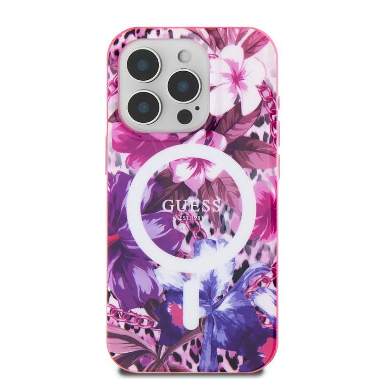 GUESS MagSafe IML Hard Case with JUNGLE Design for iPhone 16 Pro Max, Damage and Scratch Protection - Purple