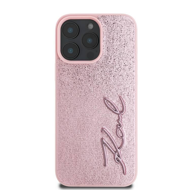 Karl Lagerfeld Wrinkled Design PU Hard Case with Metal Signature Logo for iPhone 16 Pro, Slim Profile, Comfortable Grip, Drop Protection - Pink