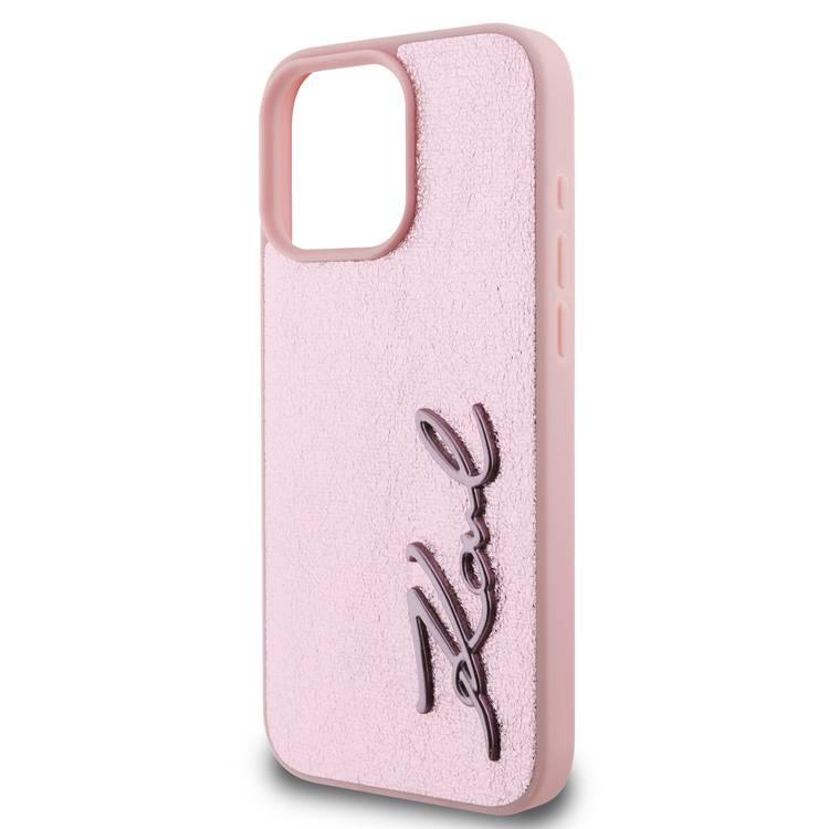 Karl Lagerfeld Wrinkled Design PU Hard Case with Metal Signature Logo for iPhone 16 Pro, Slim Profile, Comfortable Grip, Drop Protection - Pink