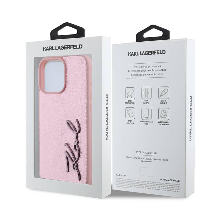 Karl Lagerfeld Wrinkled Design PU Hard Case with Metal Signature Logo for iPhone 16 Pro, Slim Profile, Comfortable Grip, Drop Protection - Pink