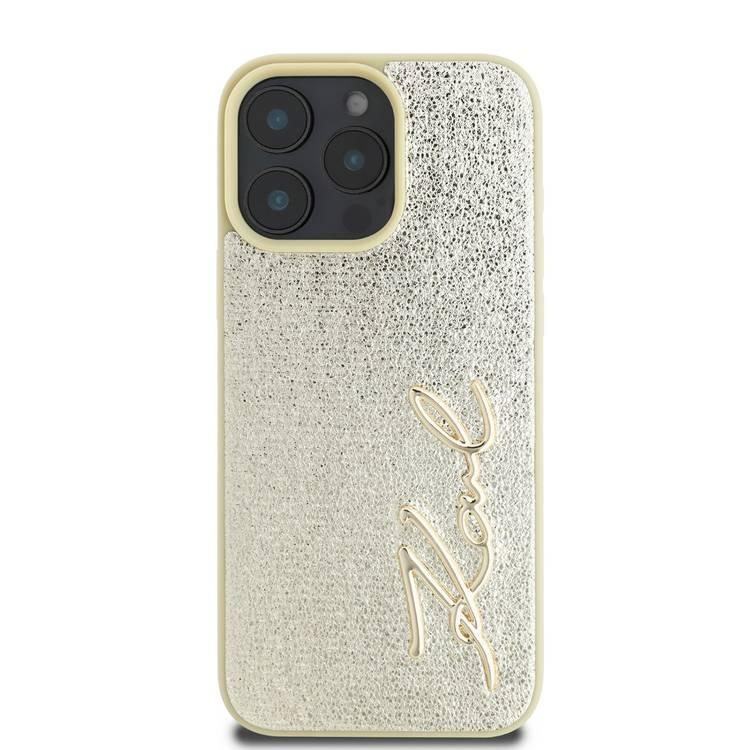 Karl Lagerfeld Wrinkled Design PU Hard Case with Metal Signature Logo for iPhone 16 Pro, Slim Profile, Comfortable Grip, Drop Protection - Gold