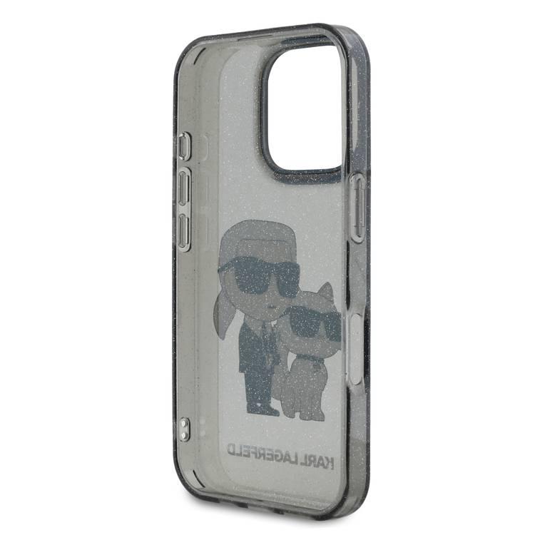 جراب Karl Lagerfeld IML اللامع الصلب مع شعار Karl &amp; Choupette NFT لهاتف iPhone 16 Pro Max، ممتص للصدمات والسقوط، فتحات دقيقة، قبضة مريحة، سهل التركيب - أسود