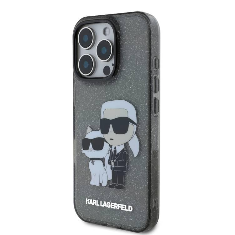 جراب Karl Lagerfeld IML اللامع الصلب مع شعار Karl &amp; Choupette NFT لهاتف iPhone 16 Pro Max، ممتص للصدمات والسقوط، فتحات دقيقة، قبضة مريحة، سهل التركيب - أسود