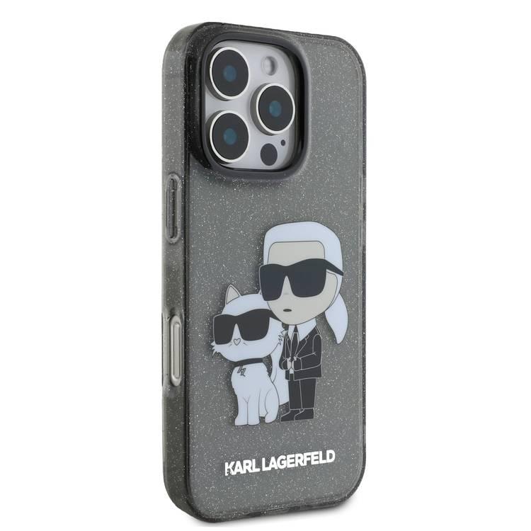 جراب Karl Lagerfeld IML اللامع الصلب مع شعار Karl &amp; Choupette NFT لهاتف iPhone 16 Pro Max، ممتص للصدمات والسقوط، فتحات دقيقة، قبضة مريحة، سهل التركيب - أسود