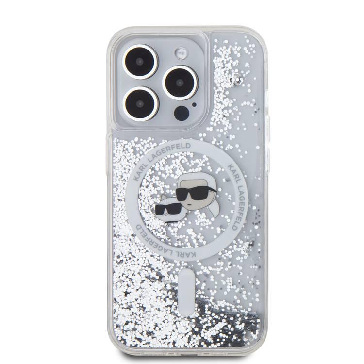 جراب Karl Lagerfeld Magsafe Liquid Glitter الصلب مع رأس Karl &amp; Choupette لهاتف iPhone 16 Pro Max، حماية من السقوط، امتصاص الصدمات، فتحات دقيقة، تصميم لامع لامع - شفاف