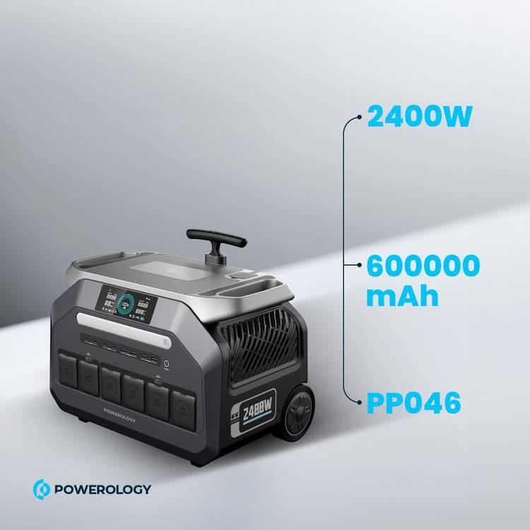 Powerology Solar Input Portable Generator 2400W, PD 100W, 60000mAh, 1.5h Charging Time, 3 DC Outputs, 4 AC Sockets, UK 3 Pin Plug - Black 