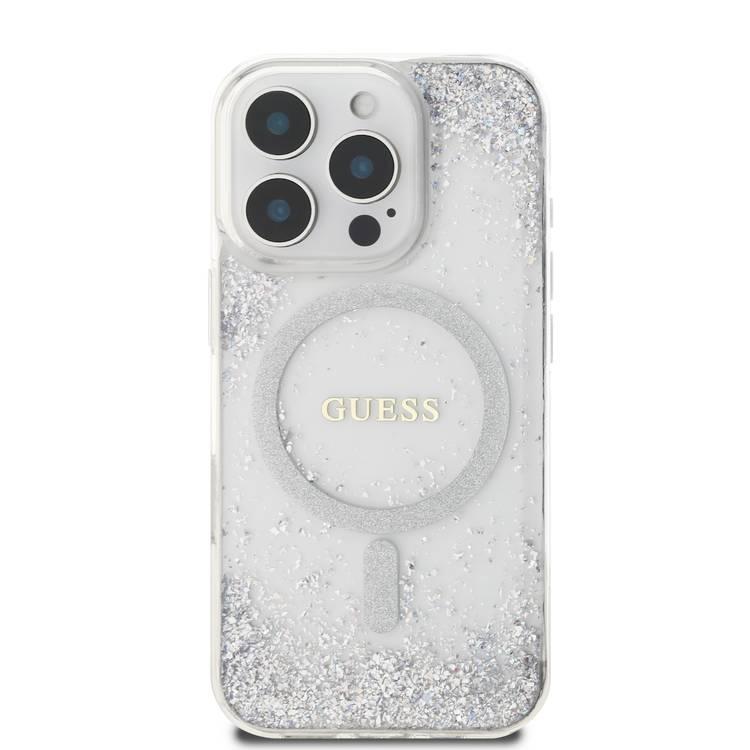 جراب Guess MagSafe Glitter الصلب مع بريق الراتينج لهاتف iPhone 16 Pro Max مع حماية من السقوط، وقبضة آمنة ومريحة، وتغليف مستدام، وتصميم سهل التركيب - فضي