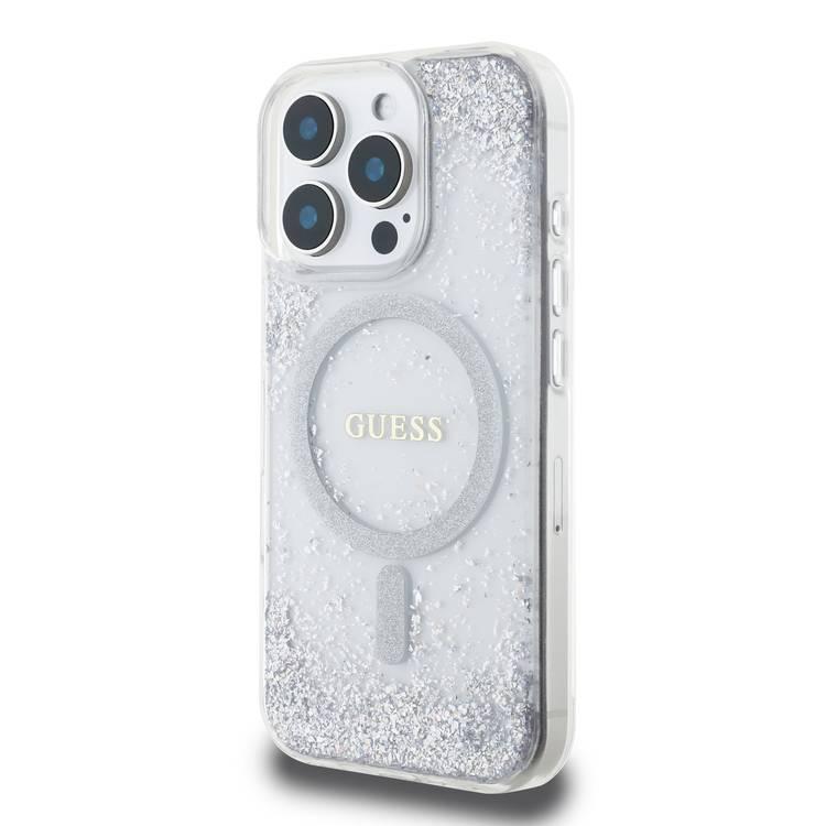 جراب Guess MagSafe Glitter الصلب مع بريق الراتينج لهاتف iPhone 16 Pro Max مع حماية من السقوط، وقبضة آمنة ومريحة، وتغليف مستدام، وتصميم سهل التركيب - فضي