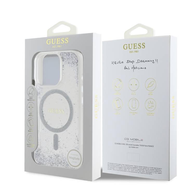 جراب Guess MagSafe Glitter الصلب مع بريق الراتينج لهاتف iPhone 16 Pro Max مع حماية من السقوط، وقبضة آمنة ومريحة، وتغليف مستدام، وتصميم سهل التركيب - فضي