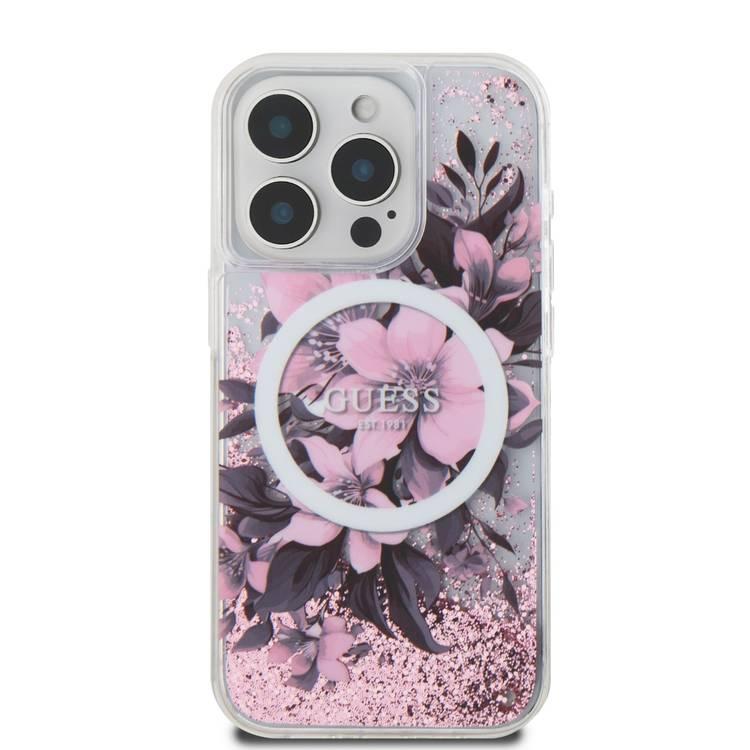 GUESS MagSafe Liquid Glitter Hard Case with Flower Design for iPhone 16 Series, Drop Protection - Pink