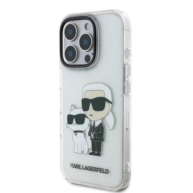 جراب Karl Lagerfeld IML اللامع الصلب مع شعار Karl &amp; Choupette NFT لهاتف iPhone 16 Pro Max، ممتص للصدمات والسقوط، فتحات دقيقة، قبضة مريحة، سهل التركيب - شفاف