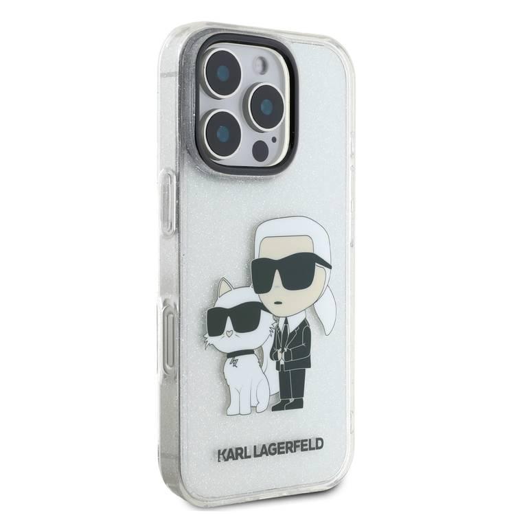 جراب Karl Lagerfeld IML اللامع الصلب مع شعار Karl &amp; Choupette NFT لهاتف iPhone 16 Pro Max، ممتص للصدمات والسقوط، فتحات دقيقة، قبضة مريحة، سهل التركيب - شفاف