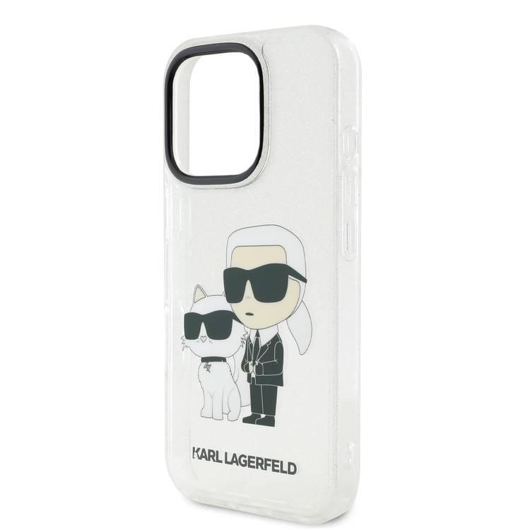 جراب Karl Lagerfeld IML اللامع الصلب مع شعار Karl &amp; Choupette NFT لهاتف iPhone 16 Pro Max، ممتص للصدمات والسقوط، فتحات دقيقة، قبضة مريحة، سهل التركيب - شفاف