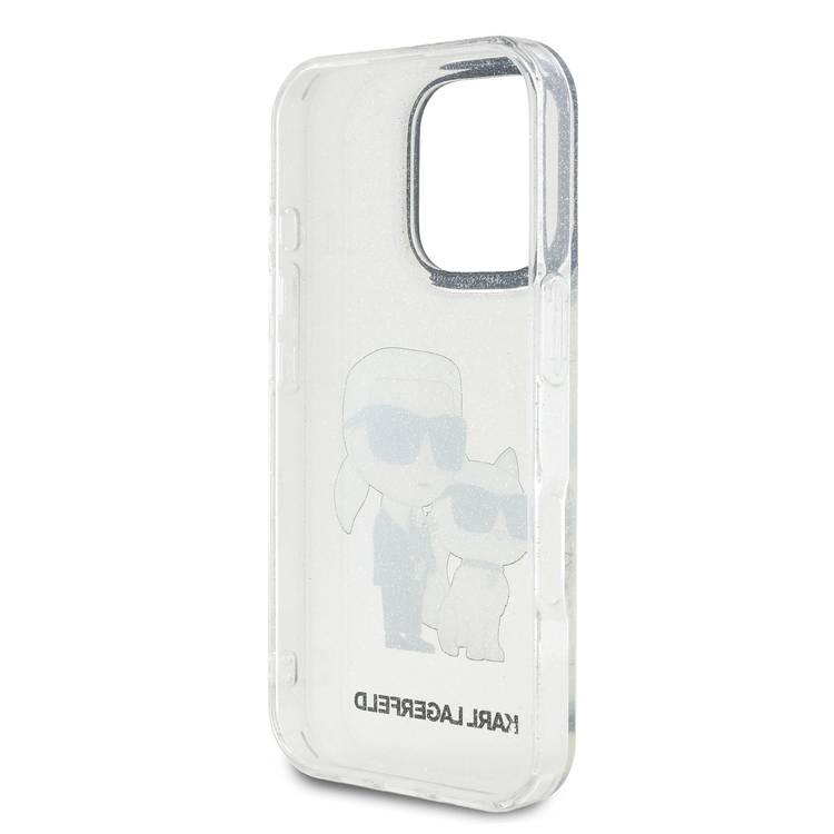 جراب Karl Lagerfeld IML اللامع الصلب مع شعار Karl &amp; Choupette NFT لهاتف iPhone 16 Pro Max، ممتص للصدمات والسقوط، فتحات دقيقة، قبضة مريحة، سهل التركيب - شفاف